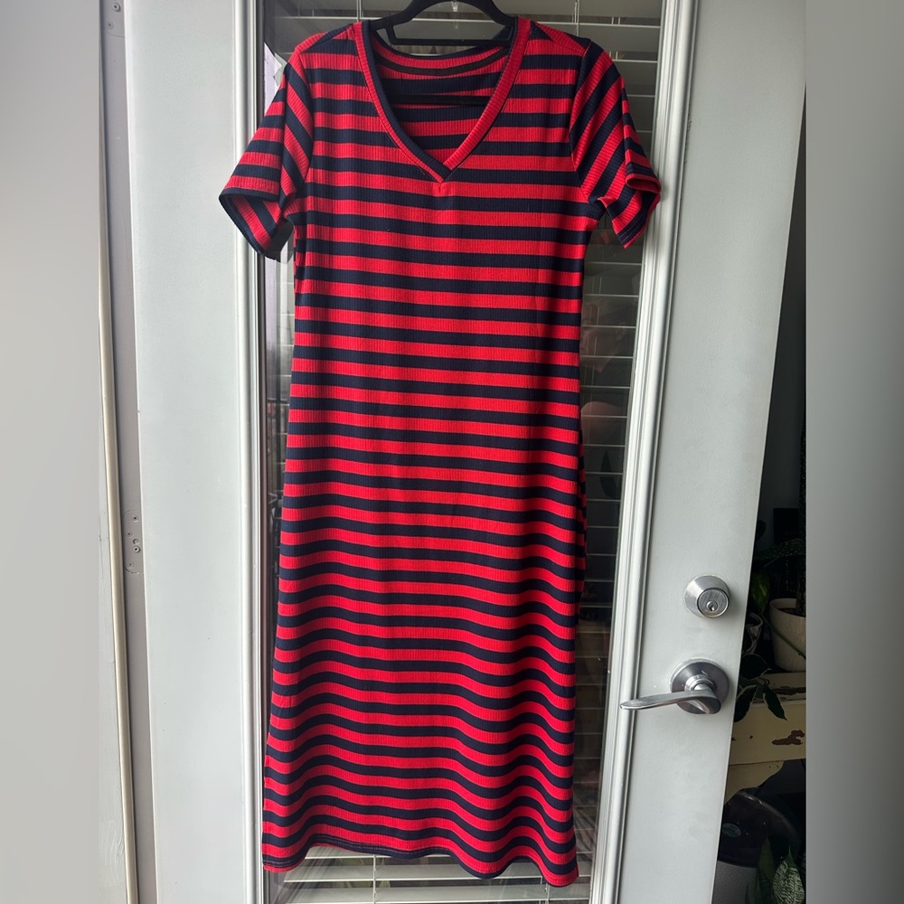 Women’s Ribbed Blue & Red Striped V-Neck Dress - Picture 2 of 5